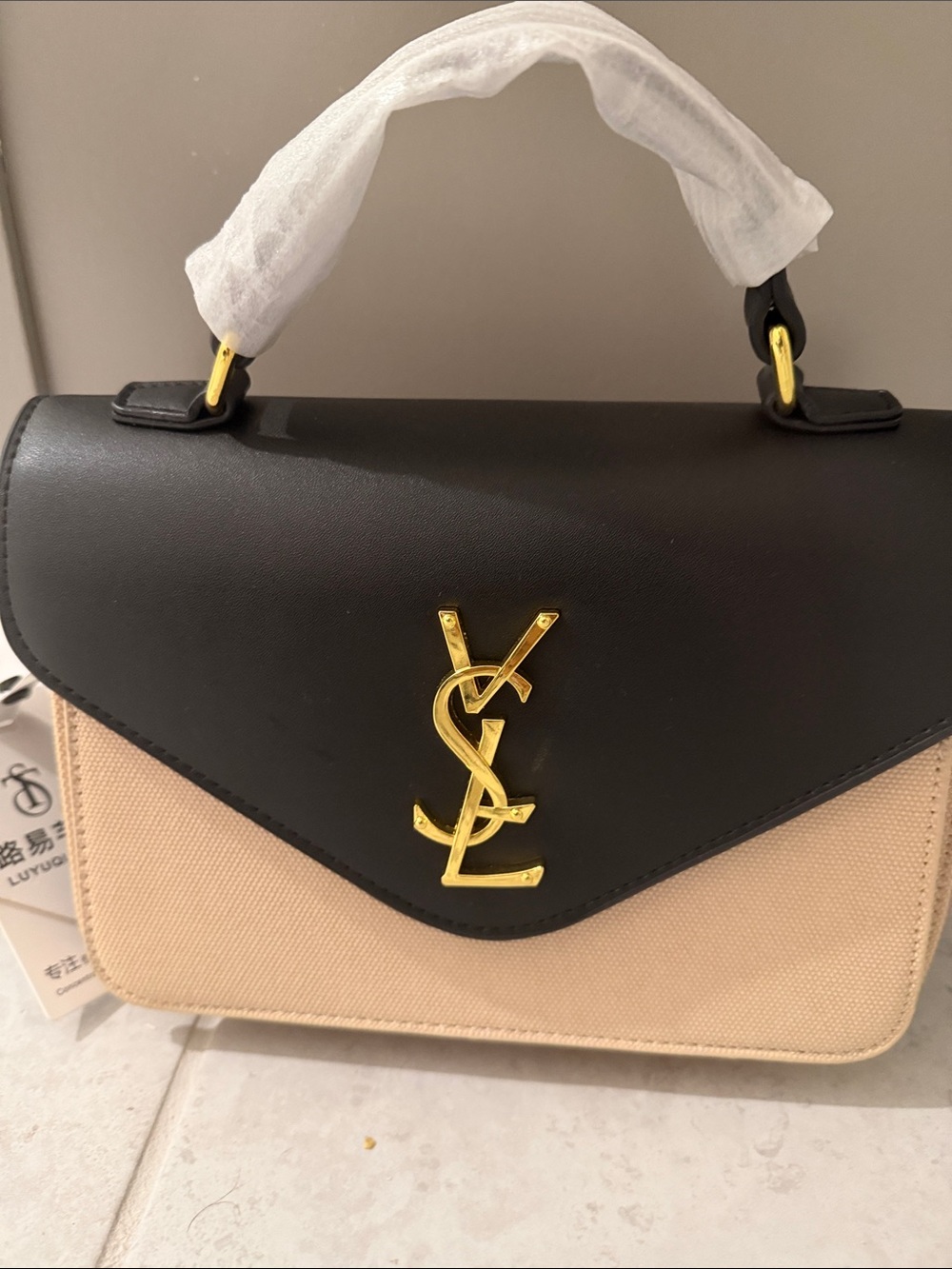 Black and Beige Top Handle Satchel with Gold Logo